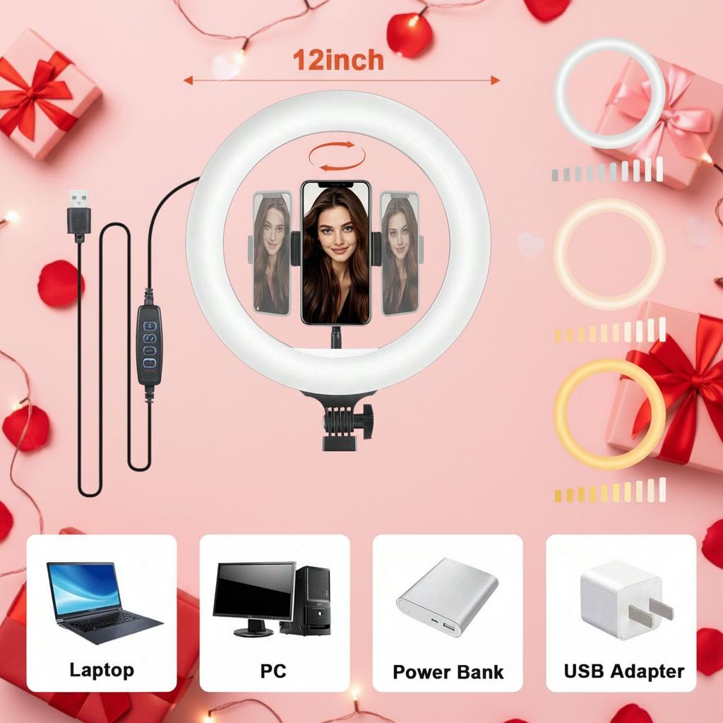 12" Selfie Ring Light With 63-81" Adjustable Tripod & Phone Holder - Dimmable For Live Streaming, Zoom Calls & Photography/March Madness/Spring Break - SuperBowl Creator Essential / International Women's Day