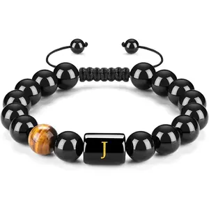 FRG Initials Bracelets for Men Letter Link Handmade Natural Black Onyx Tiger Eye Stone Beads Braided Rope Meaningful Bracelet