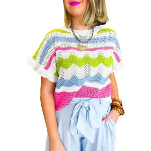 Colorblock Crochet Knit Ruffled Short Sleeve Sweater