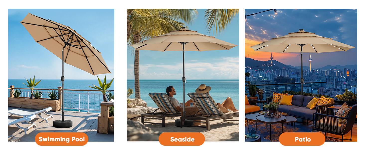 3-Tier Patio Outdoor Umbrella Solar 32 LED Lighted Table Market Umbrella with Tilt Adjustment Easy Crank for Garden Deck Backyard Pool and Beach