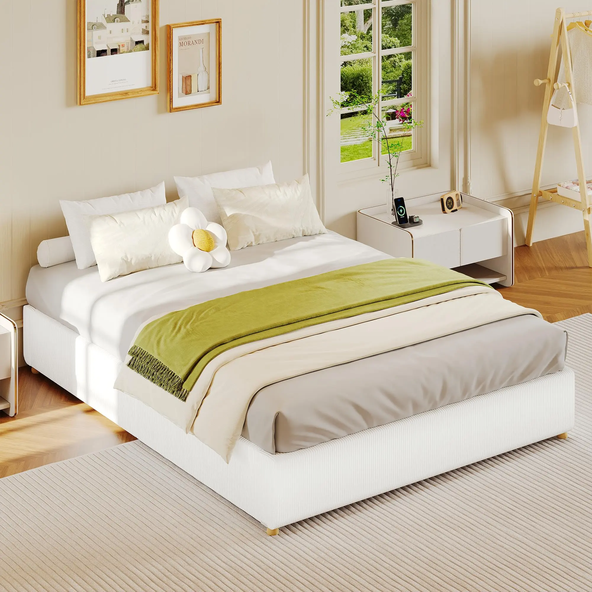 Full/Twin /Queen Size Cloud Bed Frame – Corduroy Low Bed Frame Without Headboard – Thick Fabric Upholstered Platform Bed – Solid Wood Legs – No Box Spring Needed – Never Squeak – Easy Assembly