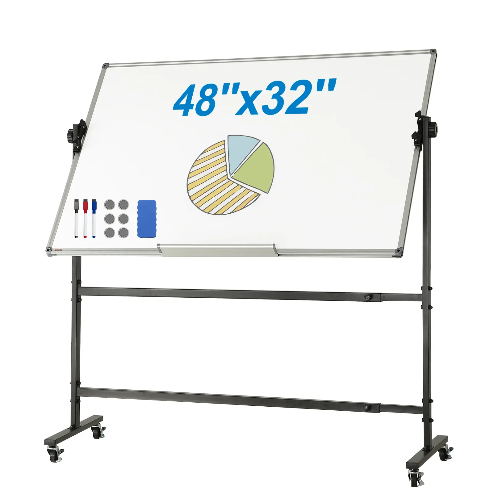【Summerfinds】VEVOR Double-Sided Magnetic Mobile Whiteboard48x32 in Portable Wipeable Board with 360° Reversible Adjustable HeightWheels & Movable TrayIncludes Whiteboard Pens/Dry Erase Markers for Office Desk Accessories & Classroom Supplies