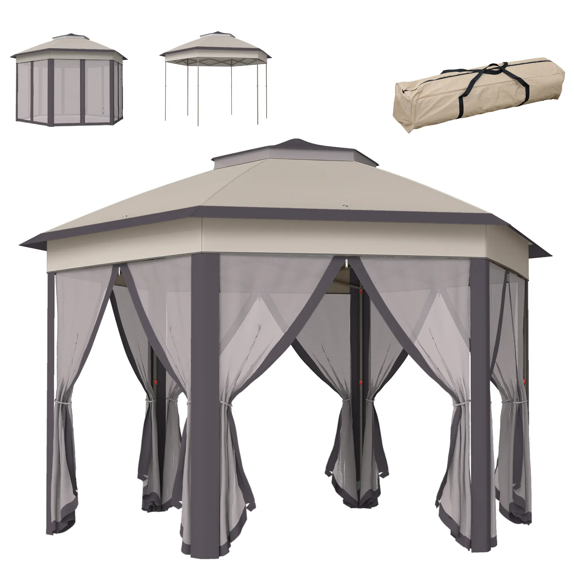 Outsunny 13' x 13' Hexagonal Pop-Up Gazebo, Steel Frame Instant Canopy with 6 Zippered Mesh Walls, Portable Outdoor Sunshade with Carry Bag, Coffee & Beige, Portable Instant Canopy, Sports, Weddings, Outdoors