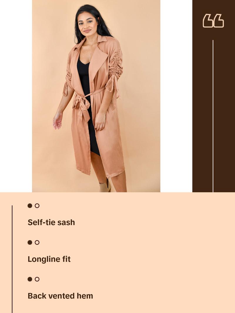 Camel Belted Open-Front Duster Trench Jacket