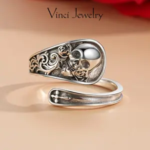 925 Trendy Rose Skeleton Open Ring with Bone & Cross Pattern, Unique Gothic Style and Adjustable Design Unisex Ring Jewelry Perfect for Men and Women, Great Gift for Halloween, Birthday, Christmas for Daily Wear