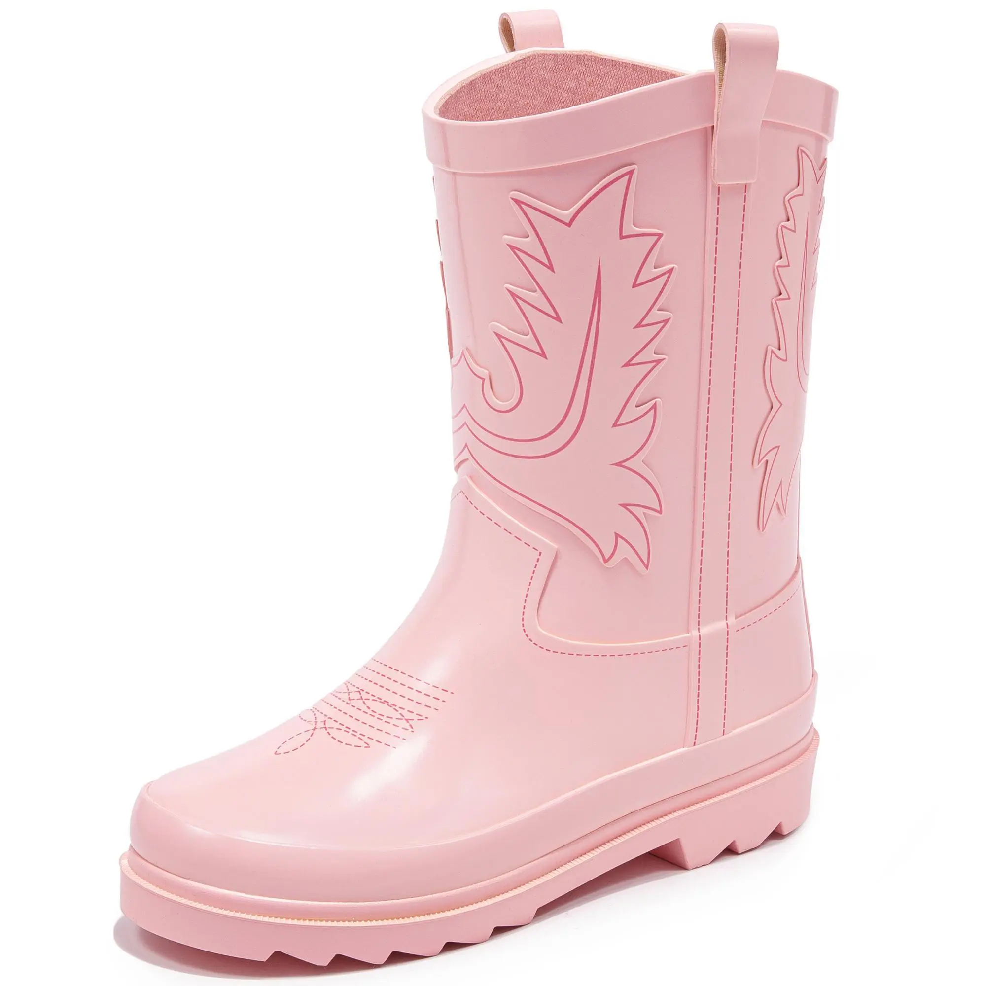 Kids' Cowboy Rain Boots, Mid-Calf (Above the Ankle But Below the Knee) Non-Slip Waterproof Rubber Boots with Round Toe, Comfy Fit, Pull Tabs for Easy On/Off, Toddler to Big Kid, Ideal for Mud Puddles, Gardening, Farm