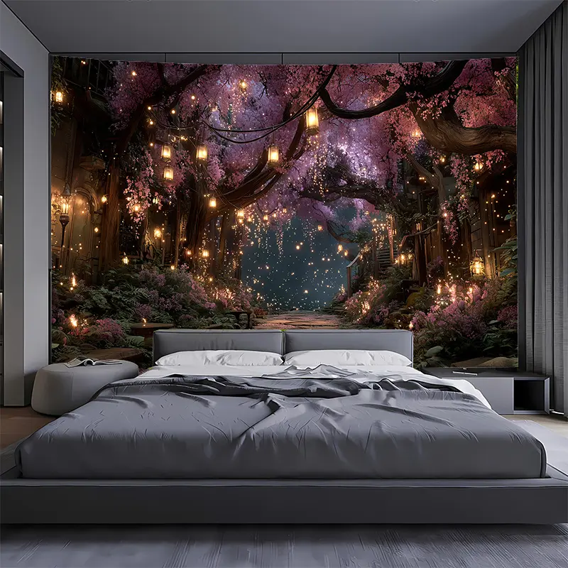 Magic Forest Luminous Tapestry - Enchanting Purple Cherry Blossom Trees, Glowing Lantern Wall Art, Horizontal Dreamy Print, Easy-Hang Hippie Decor for Living Rooms, Whimsical Home Decor, Room Decor