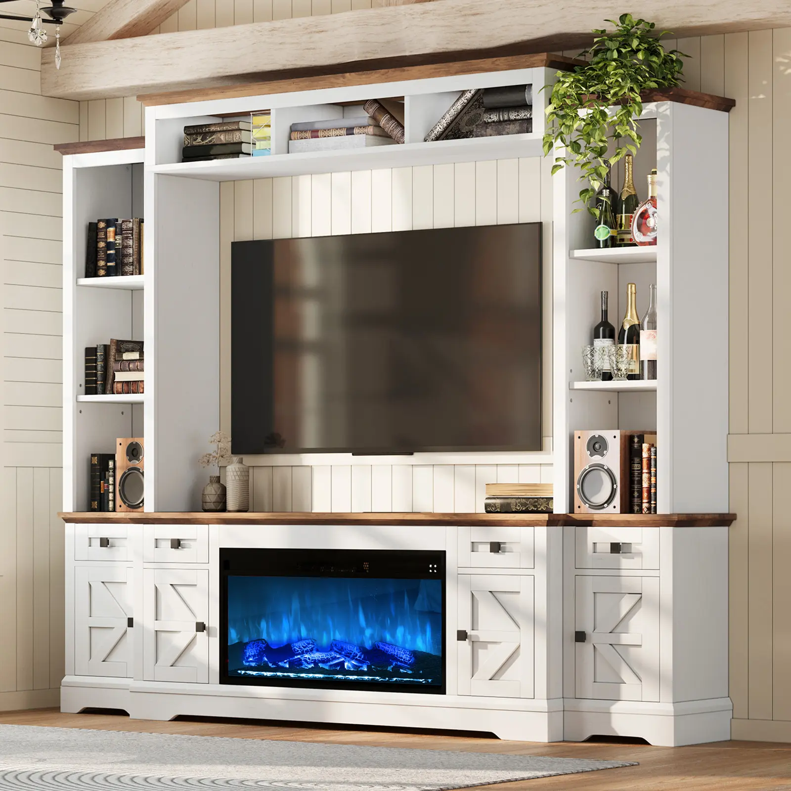 [Ships in 3 Boxes] AMERLIFE 98in Farmhouse Wall Unit TV Stand with 36" Fireplace, Bookshelves, Wine Cabinet, Fits 78" TVs, Entertainment Center with Power Outlets & Drawers, Media Console, Living Room/Best Gift Ideas[tiktokshopbacktoschool][SohoChic]