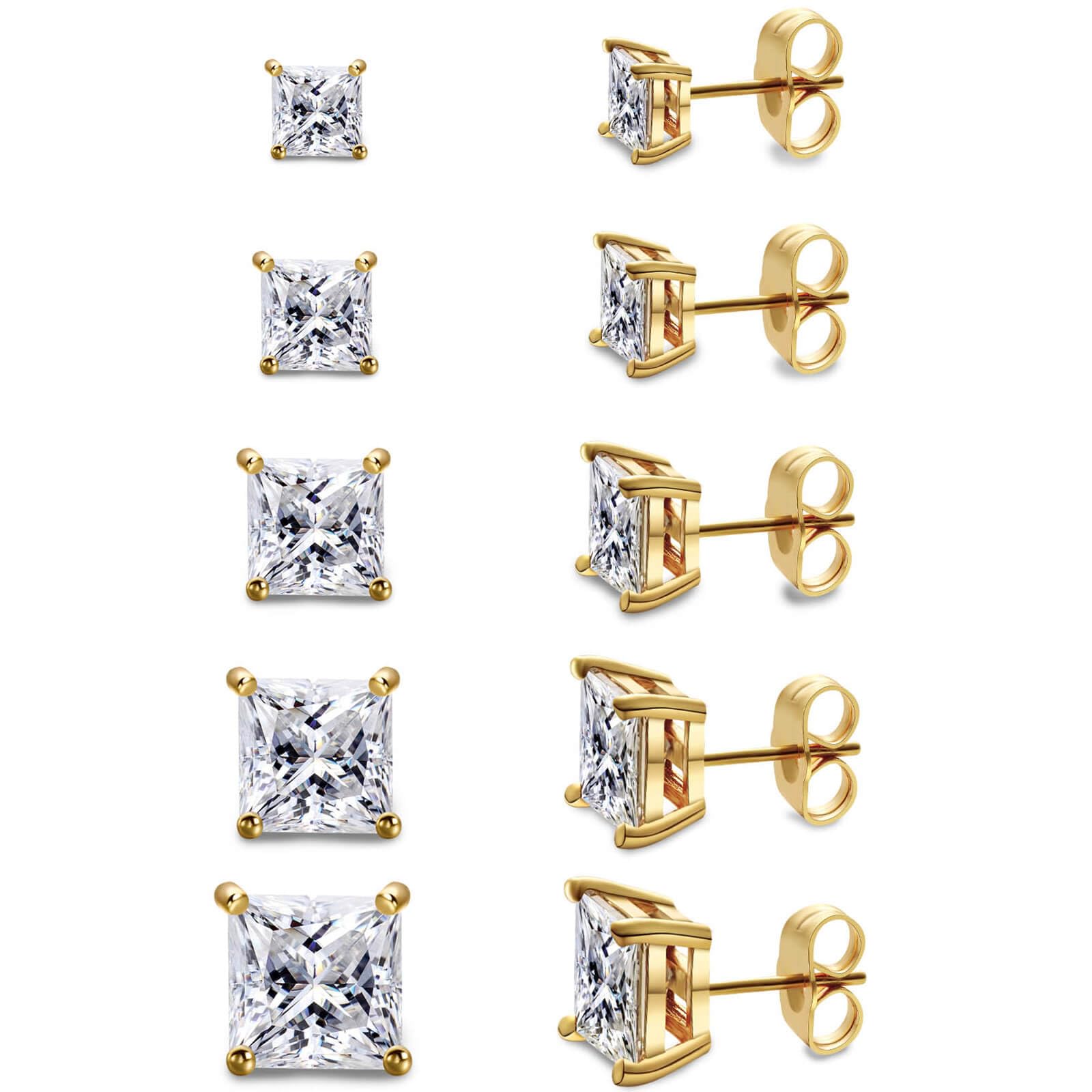 MDFUN 5 Pairs Princess Round Cut Cubic Zirconia Stud Earrings Hypoallergenic 3-7mm Square Clear CZ Earring Set for Women Men18K Gold Plated Princess Cut Cubic Zirconia Screw Back Stud Earring Pack of 5 Pairs (5 Pairs)