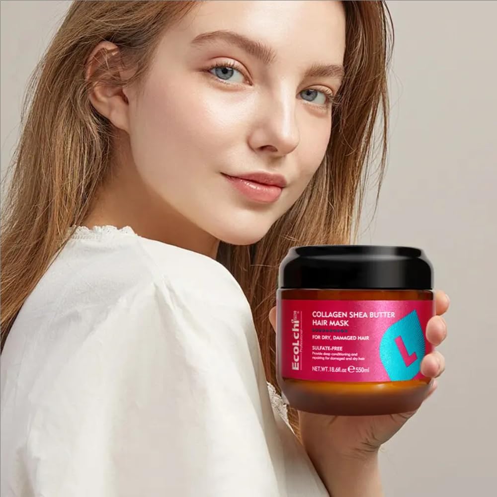 ECOLCHIPRO Collagen Shea Butter Hair Mask Set Deep Repair Conditioning Moisture Collagen Shea Butter Hair Treatment for Dry and Damaged Hair All Hair Types 550ml+160ml Argan Oil