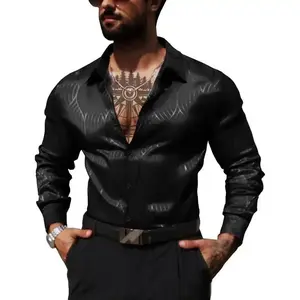 Men Metallic Satin Dress Shirt Luxury Jacquard Long Sleeve Casual Button Down Shirts Silk Shirts