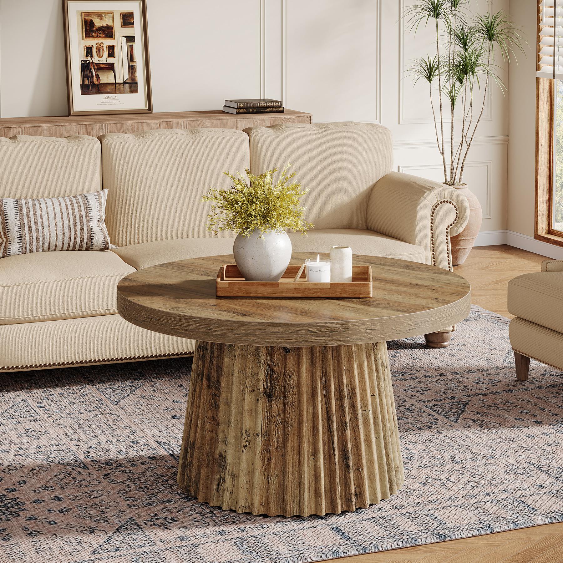 LITTLE TREE Round Coffee Table, 31.5" Modern Circle Center Table with Fluted Drum Base and Wood Grain Finish, Minimalist Accent Cocktail Table for Living Room, Apartment, Small Space