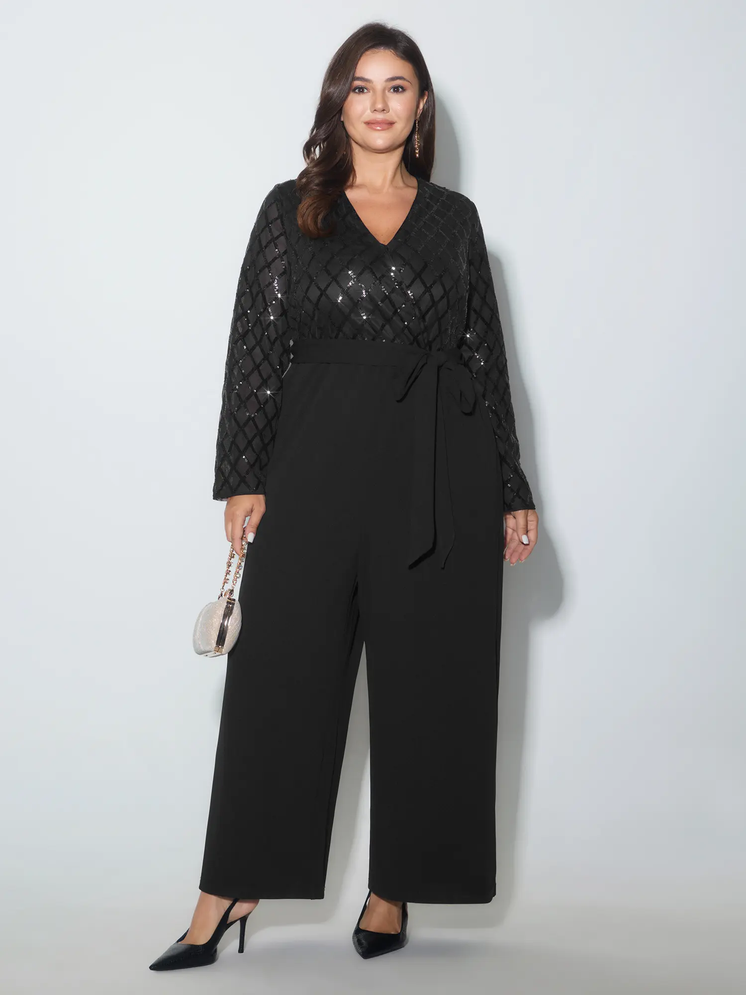 BLOOMCHIC Women's Plus Size Long Sleeve Sparkly Sequin V-Neck Side-Tie Overalls with Pocket [M-6X] - 2026 Summer Party Wear, Body Flattering Curvy Women Plus Size Clothes, Sequins, Body Flattering Overalls, Synthetic Texture, Festival, Elegant Fashion Ove