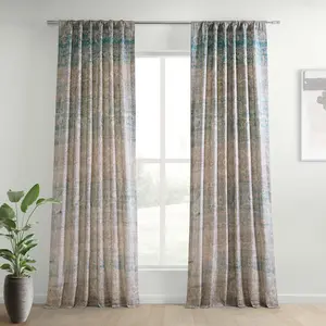 Half Price Drapes River Teal Blue Abstract Textured Printed Cotton Curtain