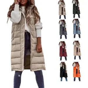 Women's long vest sleeveless lightweight zipper down jacket foldable hooded down jacket winter hooded quilted vest can be used with raincoat
