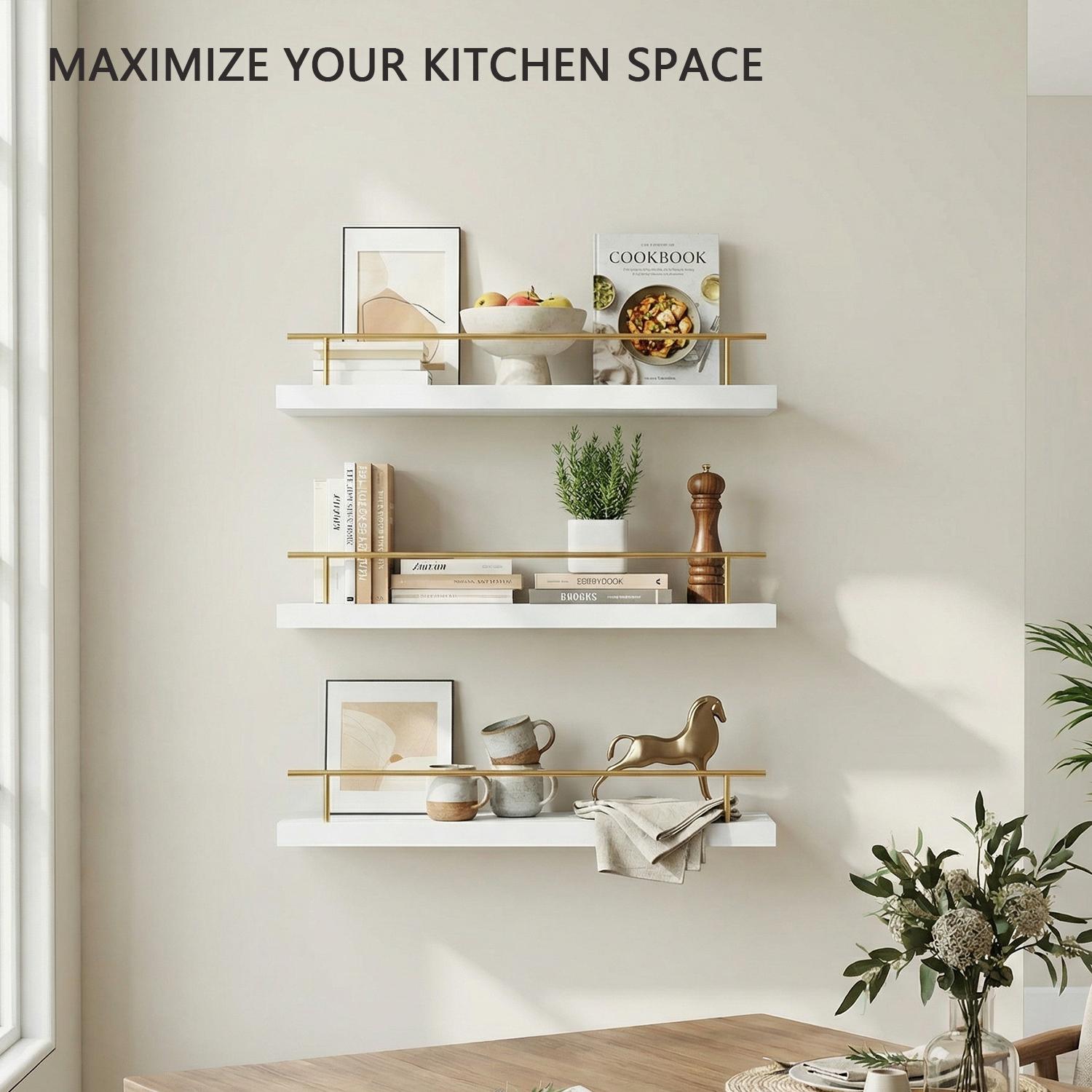 Spaco 15.7" Maple White Floating Wall Shelves - Modern Wood Storage for Bathroom, Bedroom, Kitchen & Living Room (Gold railing,Invisible Brackets, Decorative & Functional for Books & Organization) Spaco 15.7" Maple White Floating Wall Shelves - Modern Wood Storage for Bathroom, Bedroom, Kitchen & Living Room (Gold railing,Invisible Brackets, Decorative & Functional for Books & Organization)