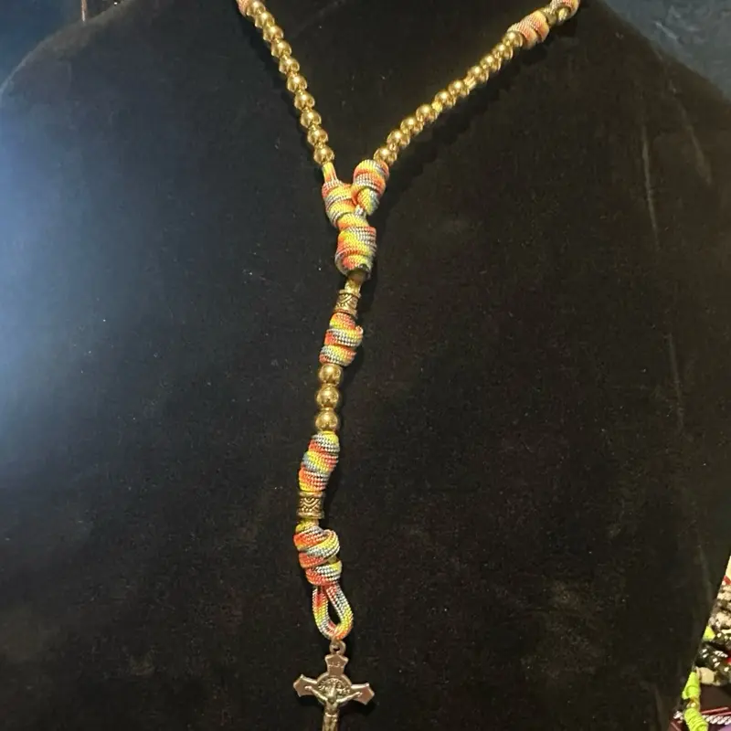 Handmade paracord 5 decade rosary blessed light rainbow camo with Silver beads