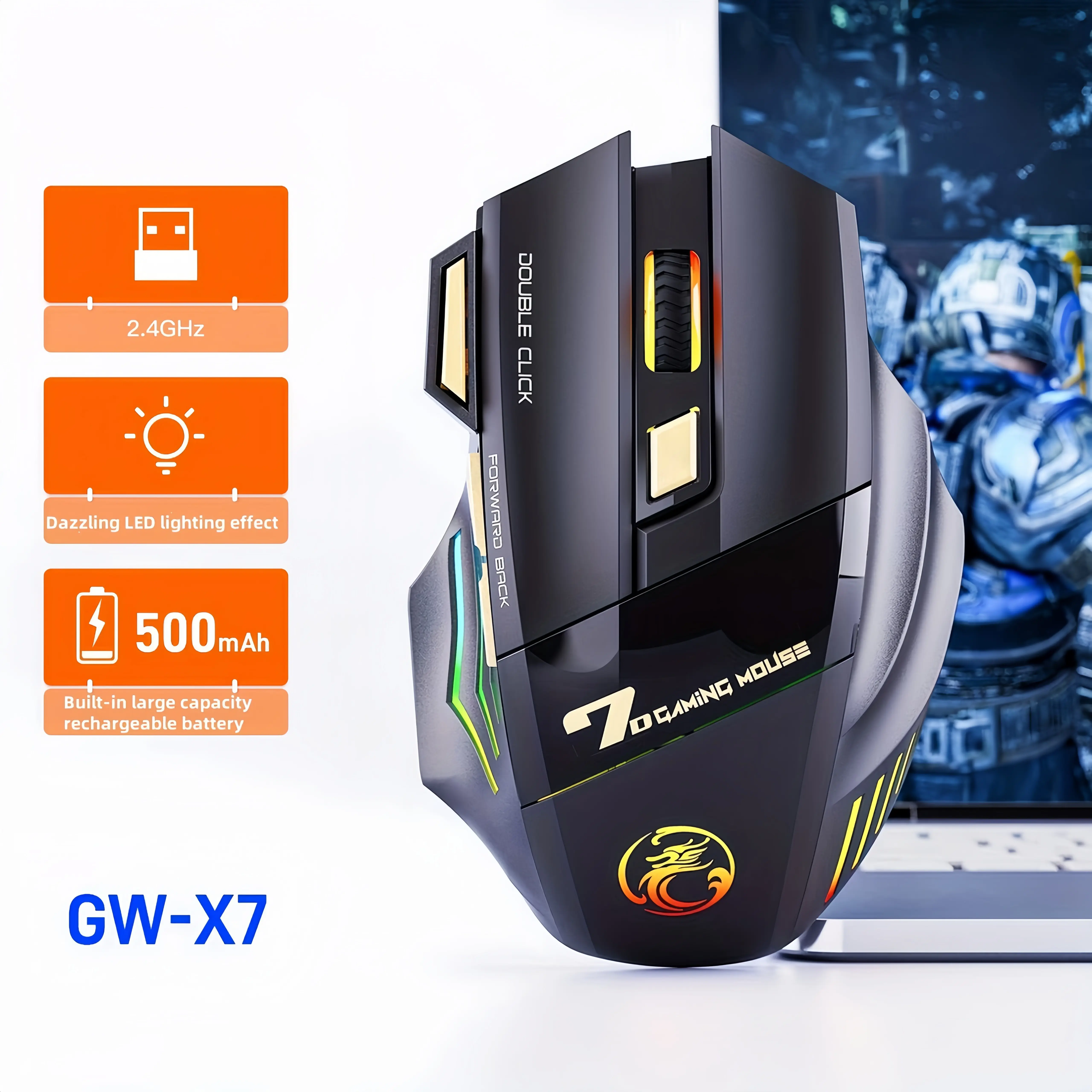 GW-X7 RGB Wireless Gaming Mouse, Bluetooth & 2.4G Dual Mode Mouse for Gaming PC & Laptop, Rechargeable Silent 7-Button Mouse, Professional Ergonomic Mice for Razer/Logitech G305 Alternative
