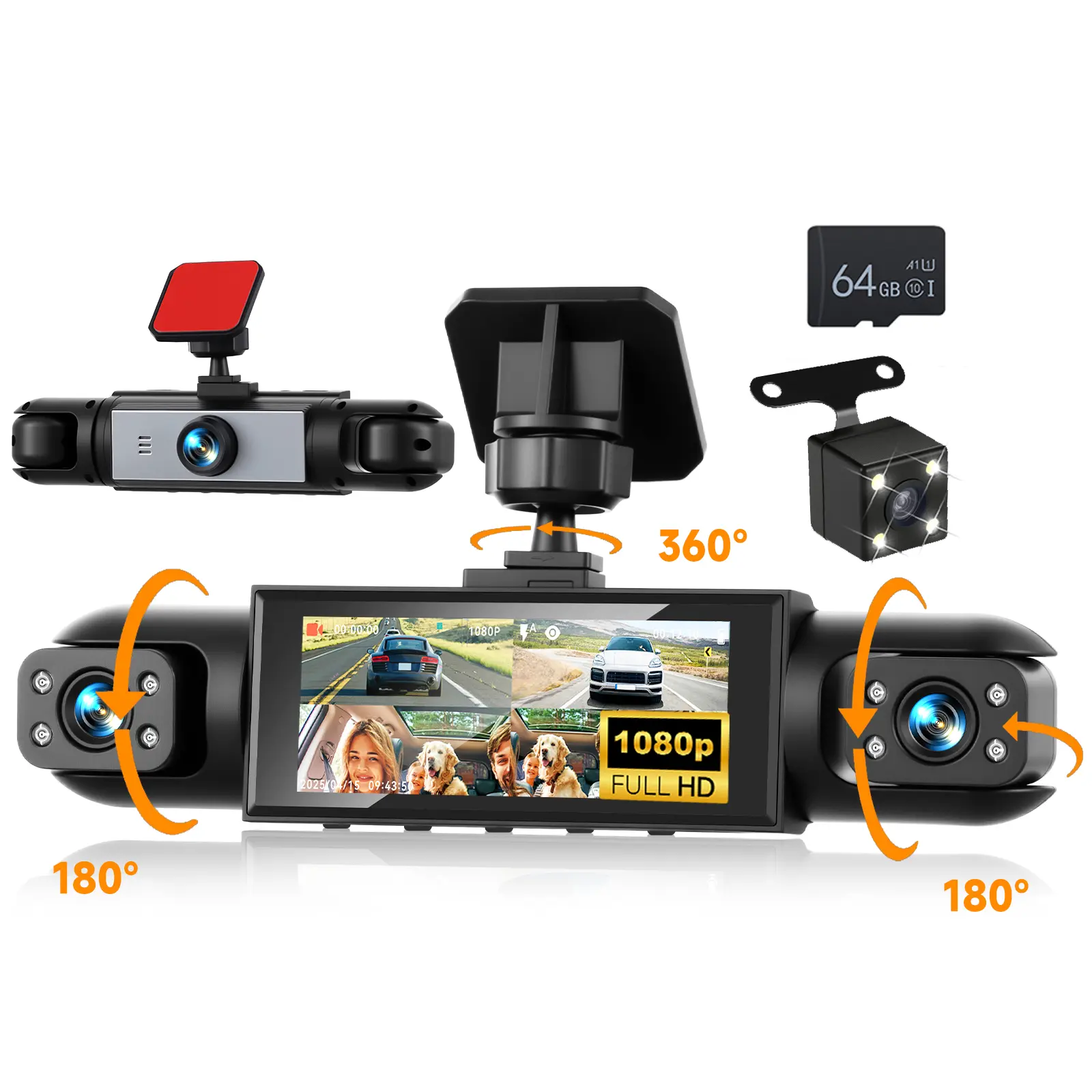 SummerVibes 4-Channel 360-Degree View Car Dashcam - 1080P HD Wide-Angle Dual Lens Windshield Camera Video Surveillance, 8 IR Night Vision, 3.16-Inch IPS Screen, SD Support, Loop Recording, Locked Videos, Car Vehicle Auto Accessories, Father's Day Gift, Ca