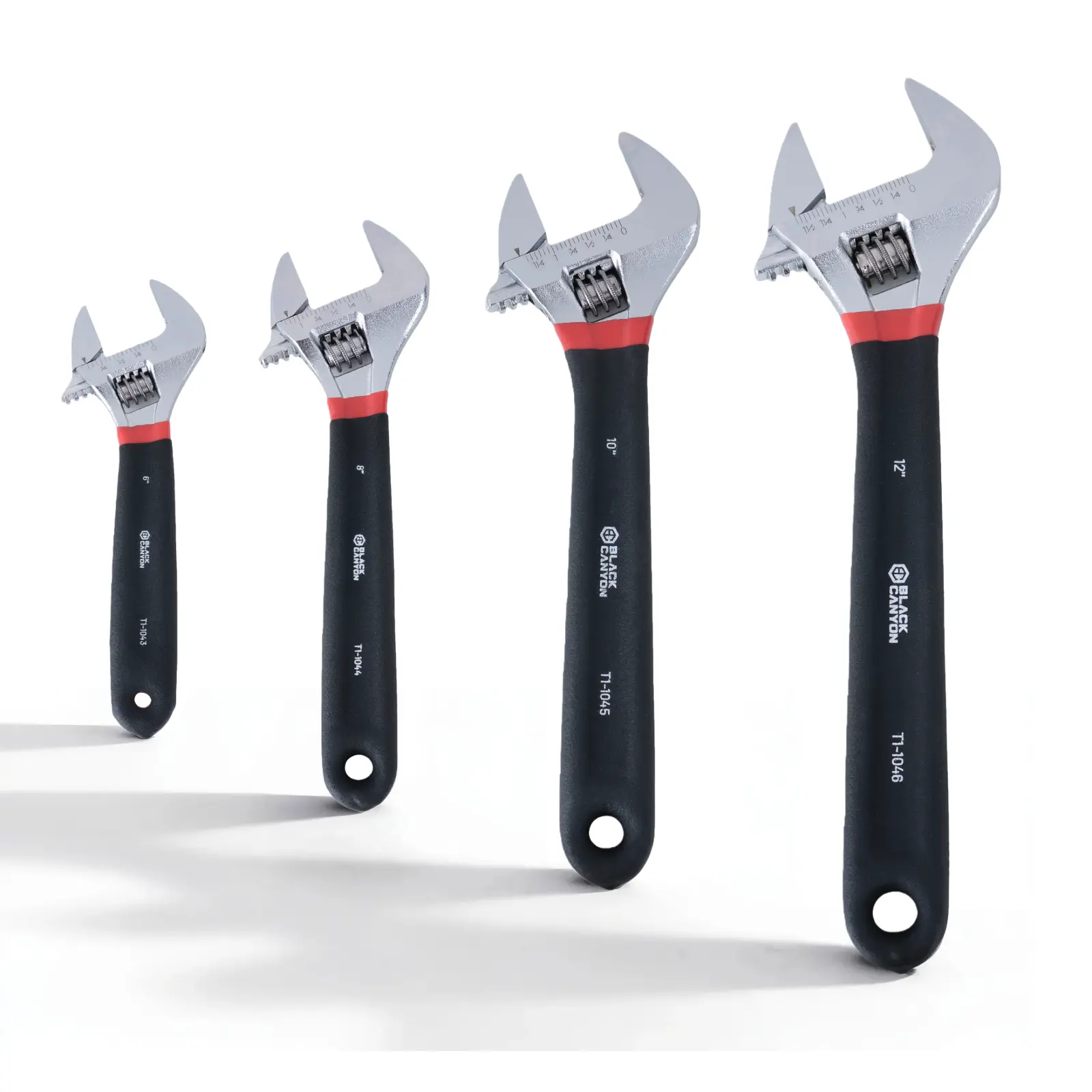 BLACK CANYON Adjustable Wrench Sets 12/10/8/6 Inch, Wide Jaw Spanner with Imperial and Metric Scale, Premium Chrome Forged Steel, Non-Slip Rubber Insulated Handle, Heavy Duty Hand Tool for Automotive plumbing, Household Maintenance and DIY