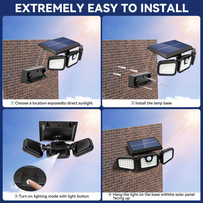 2500LM Motion Sensor Solar Outdoor Lights 210LED 3 Heads IP65 Waterproof 270° Wide Angle 3 Modes