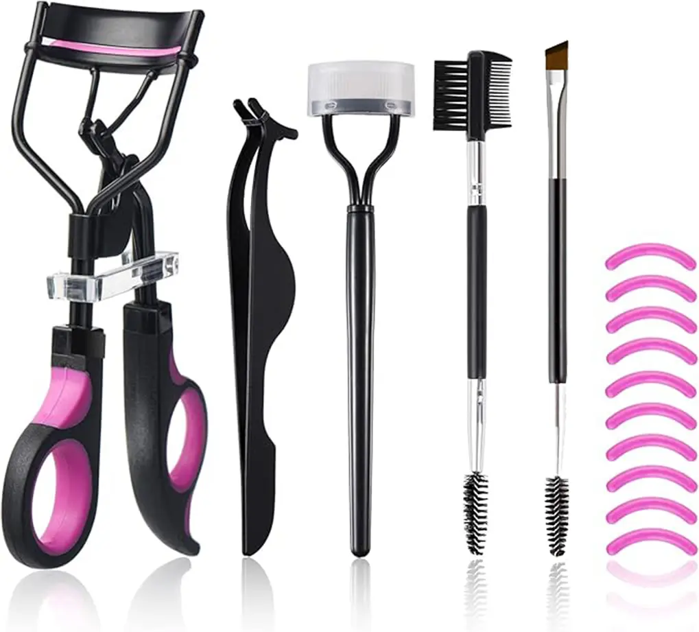 Eyelash Curlers Eyebrow Brush Kit with 10 Silicone Refills Pads,w Lash Curler, Eyelash Comb Seperator,Eyelash Extension Tweezers, Angled Eyebrow Brush and Comb