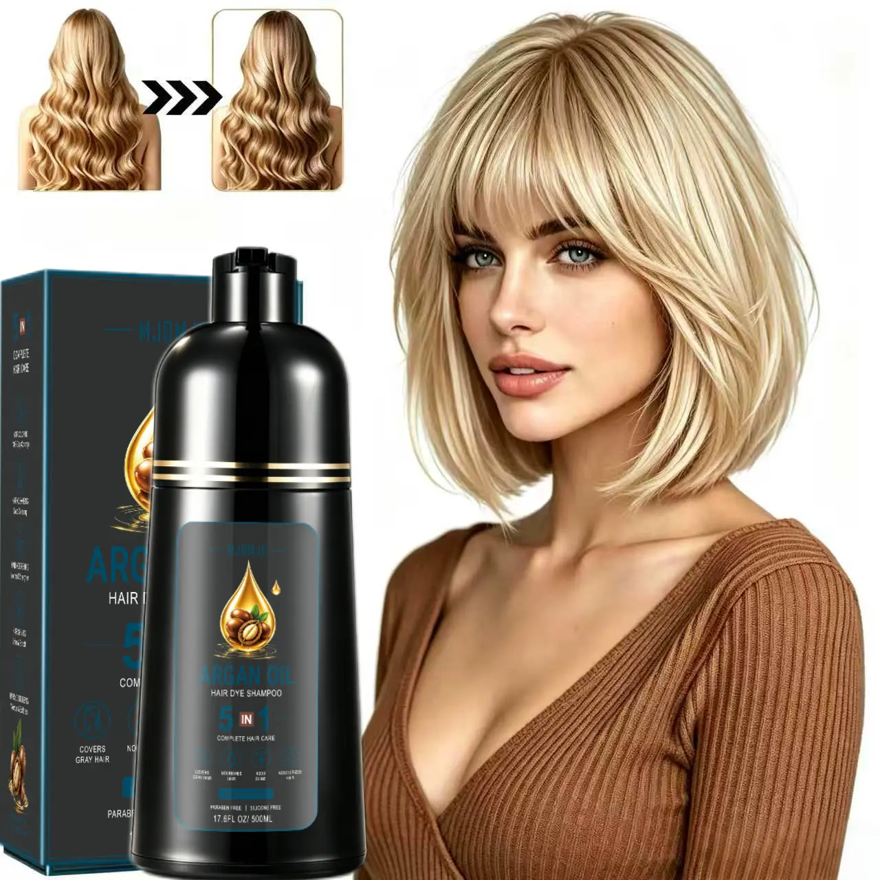 Argan Oil Hair Dye Shampoo 5-in-1, Blonde Brown Hair Color for Women & Men, Gray Hair Coverage, Fast & Long-Lasting Color, Nourishing Hair Care, Easy Home Coloring, 500ml