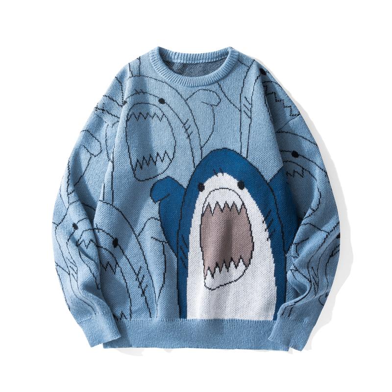 2026 #Springfresh Winter Cartoon Shark Crewneck Polyester Pullover Sweater Unisex Oversized Elegant Casual Streetwear Thick Knitwear Grey Fashion Sweaters Knitted