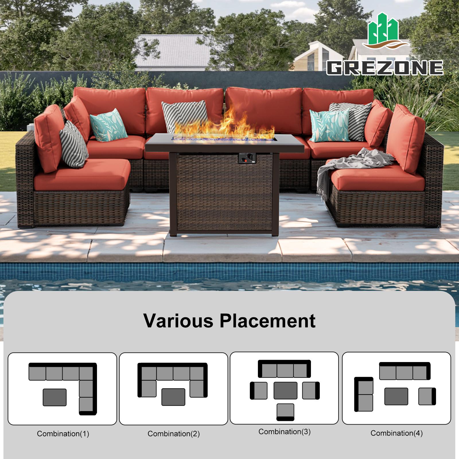 【3 packages shipping】7 Pieces Patio Furniture Set with 44" Fire Pit Table,Outdoor Sectional Sofa PE Rattan Conversation Sets for Garden Lawn Balcony
