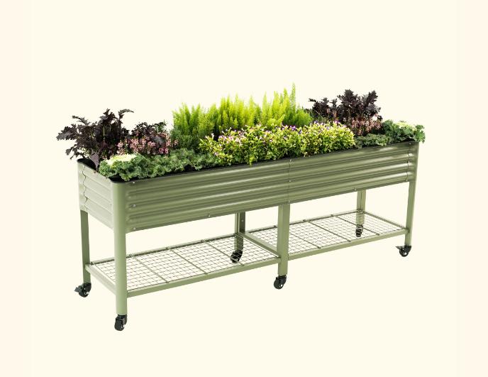 Vego Garden Rolling Elevated Raised Garden Bed V Series with Lockable Wheels & Storage Rack for Patio Porch 700 Lbs Capacity Outdoor Planter Box for Vegetables Flowers Herbs Heavy Duty Olive Green