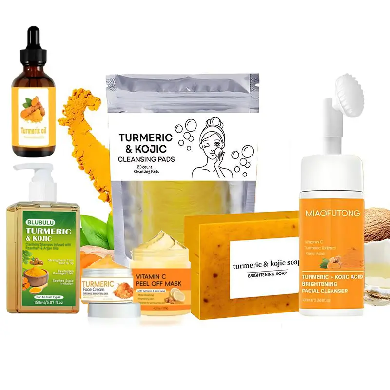 Turmeric Skin Care Kit,7 Counts Nourishing Cleansing Pads & Facial Cleanser & Shampoo&Turmeric Oil &Turmeric Moisturizing Cream & Soap  & Face mask,Skin Care Products for Women, Face Care Products, Facial Wash,Face Cleaner