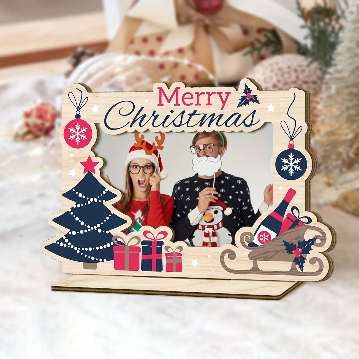 1pc Christmas Theme Wooden Photo Frame, With "Merry Christmas", With a Base Can Stand on the Desktop, Best Christmas Gift choice for Yourself, Family, Desktop Decorative Sign Frame