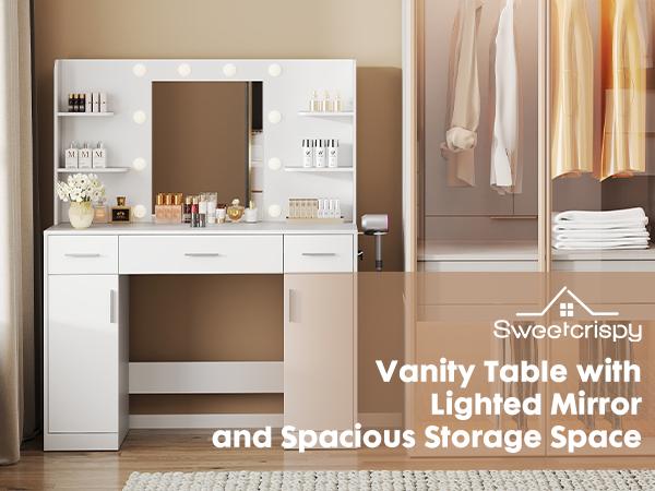White Vanity Desk with Lighted Mirror & Power Outlet, Makeup Vanity with 3 Drawers, 4 Shelves, Cabinet & Hair Dryer Holder for Bedroom Girls