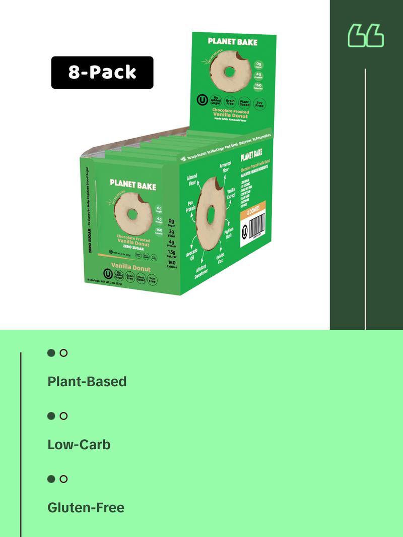 Planet Bake Vanilla Bean Donuts 8 Pack - Plant-Based, Low-Carb, Gluten-Free, No Sugar Alcohol, Sweetened for Snack & Dessert
