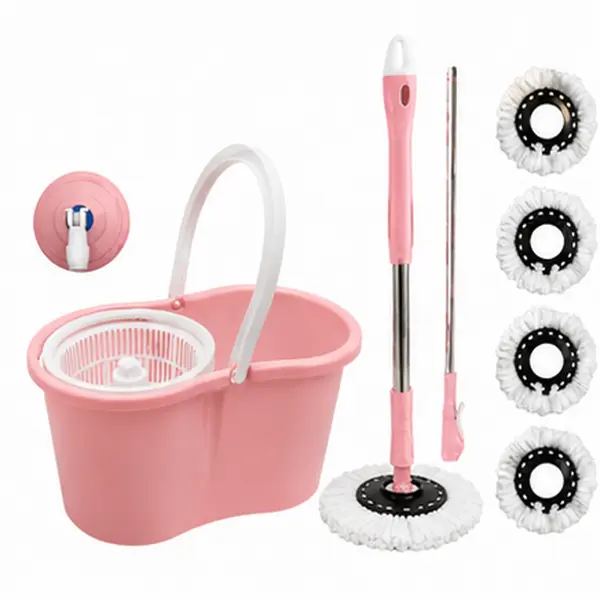 Blush Pink Spin Mop & Bucket System, 360° Rotating Floor Tool with Easy Wringer, 4 Microfiber Heads, Compact Home Cleaning Set for Apartments & Dorms Mop Mop
