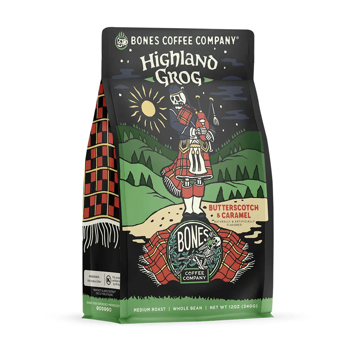 Bones Coffee Company | Highland Grog Butterscotch Caramel Flavored Coffee 12oz Medium Roast Arabica