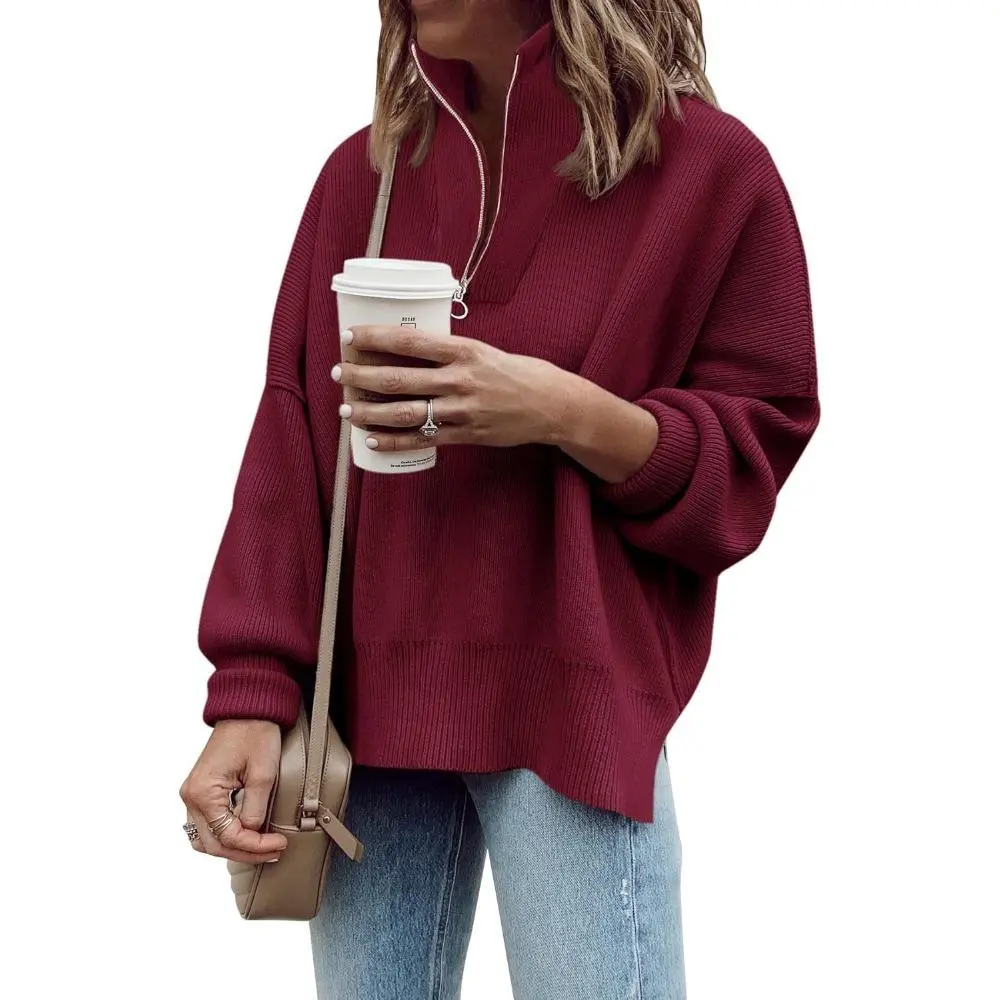 Saodimallsu Women's 1/4 Zip High Neck Tunic Sweater, Fall Long Sleeve Oversized Slouchy Ribbed Knit Pullover, Acrylic-Polyamide Blend Basics with Drop Shoulder & Slit, Loose-Fitting Plain Top for Party, Hand Wash Recommended, Quarter Zip, Acrylic Blend, T