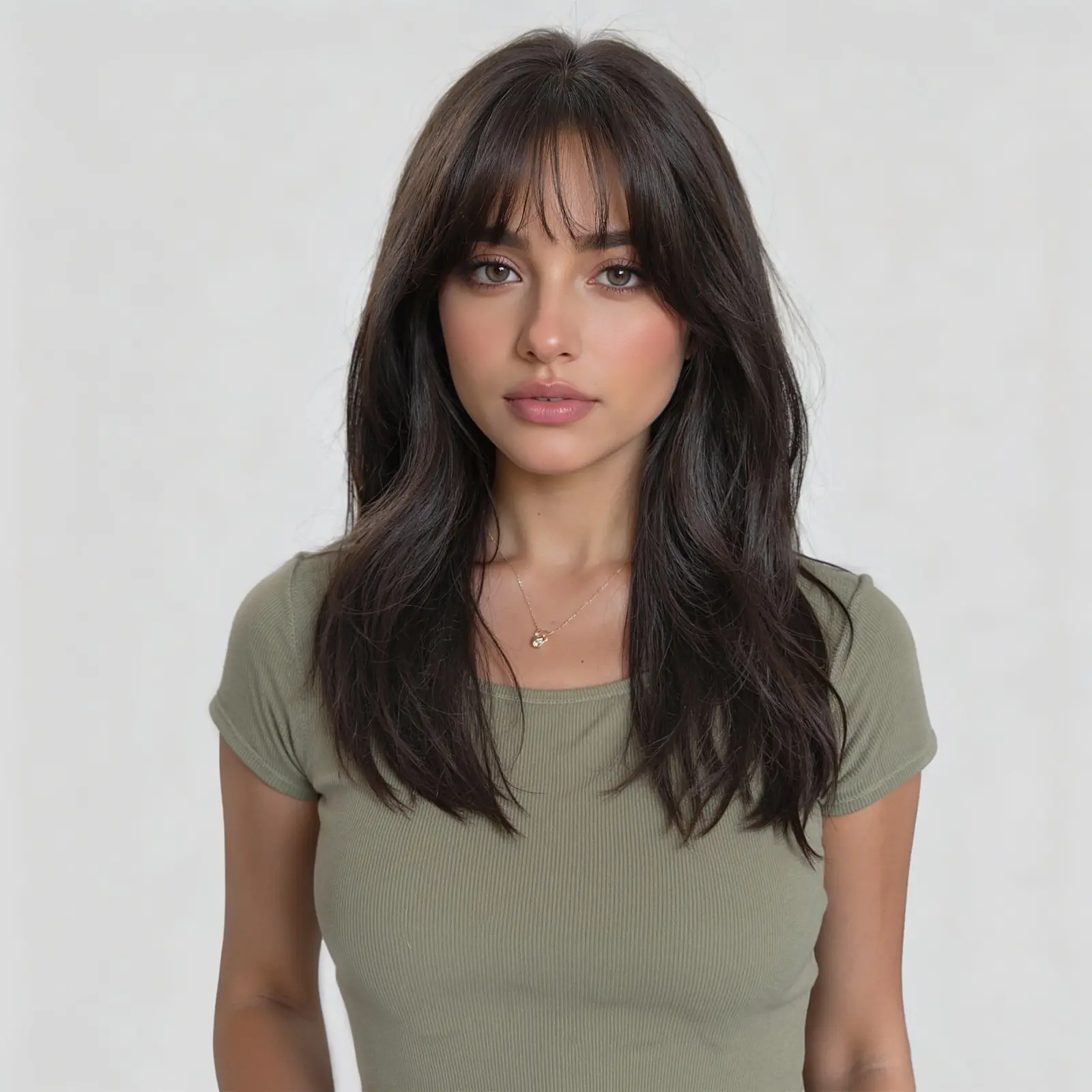 Tegan -DWY Machine Made Mid-length Wavy Hairstyle with Blunt Bangs Dark Brown Glueless Synthetic Wig for Women 18 Inches