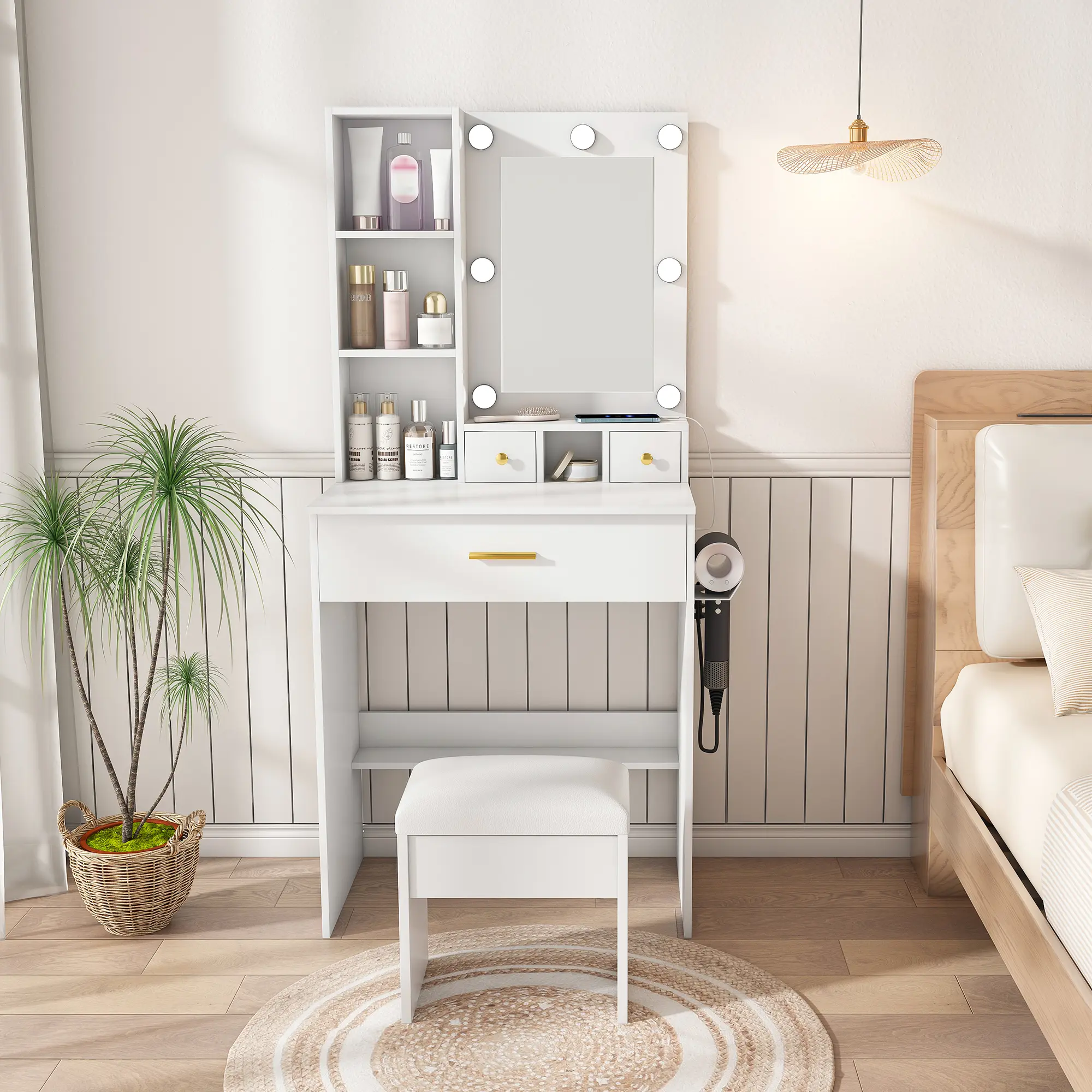 Unisex Sturdy Wood Classic Makeup Vanity Table with Mirror - Adjustable LED Lights, Power Outlet, Hairdryer Holder, 1 Large Storage Drawer, Glam Stool, Fire Safety Label, Space-Saving Vanity Setup for Small Bedrooms, Assembly Required, Ideal for Birthdays