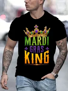 Men's Unisex Classic 100% Cotton Crew Neck Short Sleeve Fashion Graphic Mardi Gras King Cool Crown Printed T-Shirt - Regular Fit, Slight Stretch, Summer Casual Outdoor Top, Ideal Holiday Gift