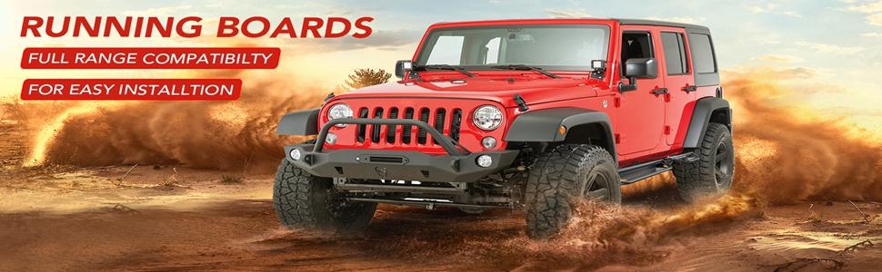 GARVEE Running Boards Compatible with 2007-2018 Jeep Wrangler JK JKU Unlimited 2 Doors, Black Powder Coated Steel Nerf Bar, Two Stairs, 6 Inch Side Steps