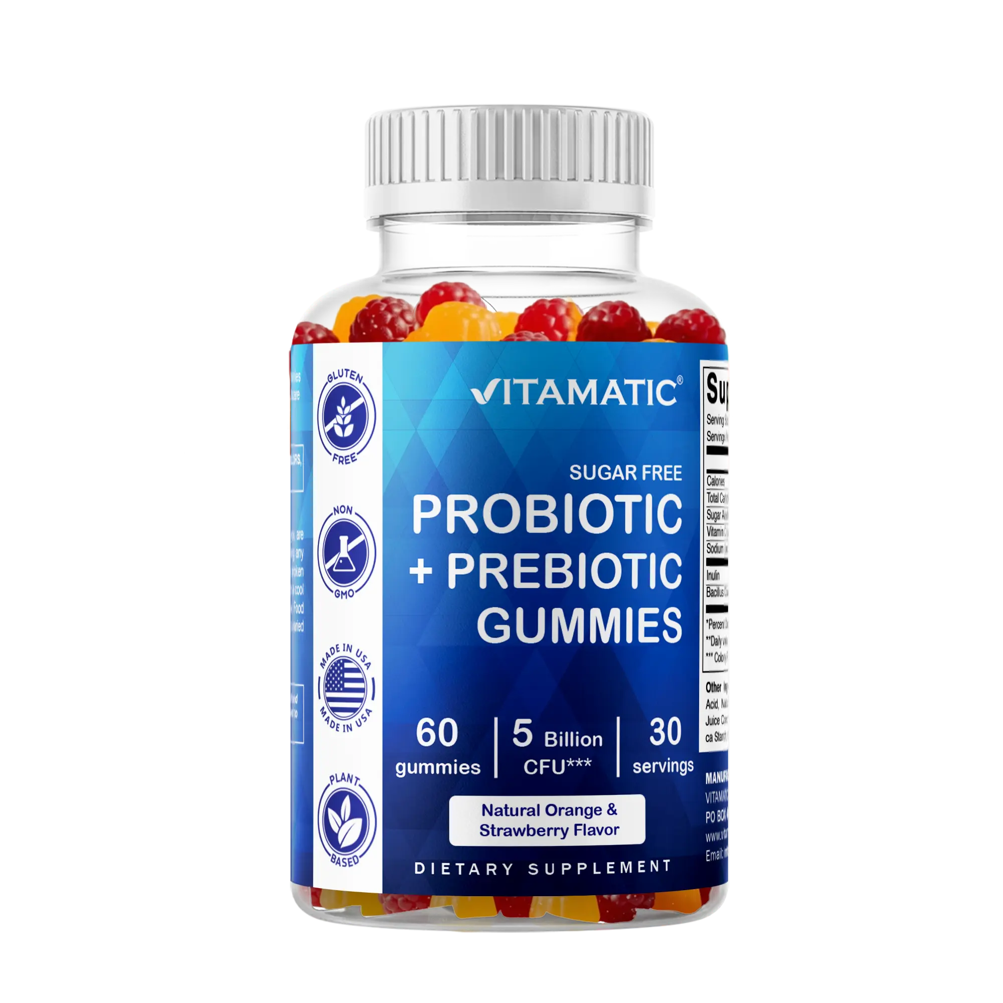Vitamatic Probiotic Sugar Free Gummies for Men & Women 5 Billion CFUs - Digestive Immune & Gut Health - Gluten Free Natural Strawberry & Orange Flavor