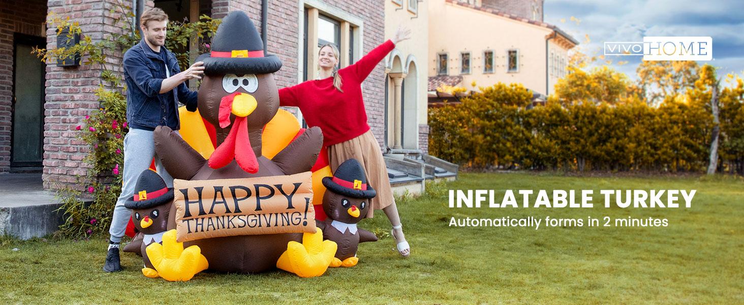 VIVOHOME Thanksgiving Inflatable Decoration LED Lighted Turkey Family Self-Inflating Easy Setup for Outdoor Lawn Garden Yard Patio Holiday Party Ornaments