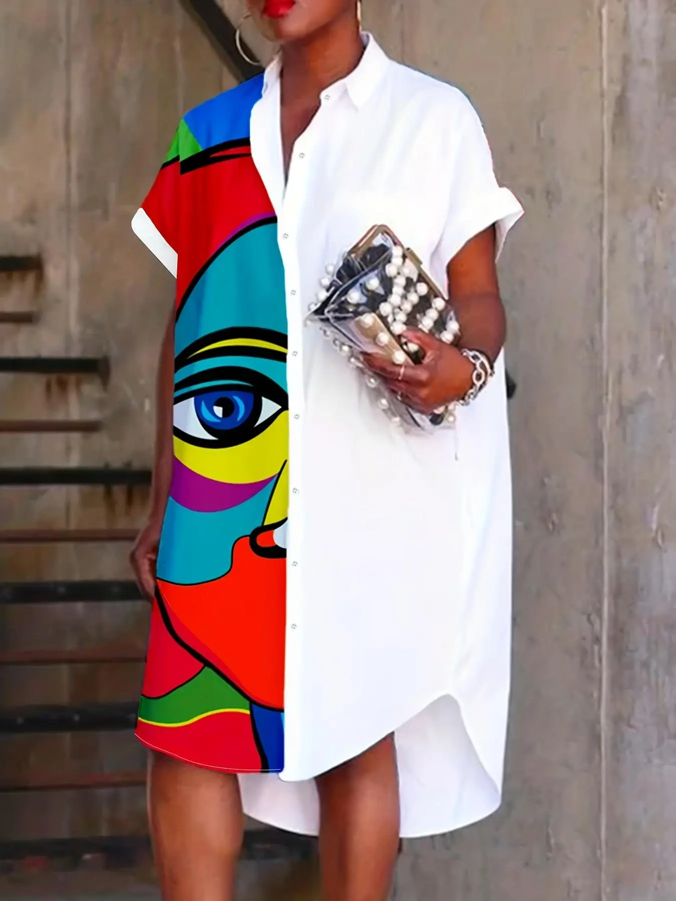 Fashionable Personality Print Dopamine Shirt Dress, Casual Knee-Length Fitted Short Sleeve Dress, Button Front Asymmetrical Design