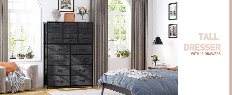 RaybeeFurniture 16 Drawer Dresser for Bedroom, Chest of Drawers with Fabric Bins, Sturdy Metal Frame, Wood Tabletop Storage Organizer for Guest Room, Closet, Entryway