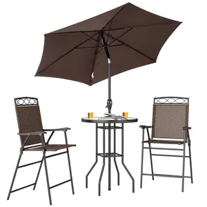 Outsunny 4 Piece Outdoor Bar Set with Umbrella, Patio Dining Set with 2 Folding Chairs, Wave Textured Tempered Glass Table for Backyard, Garden, Deck, Poolside