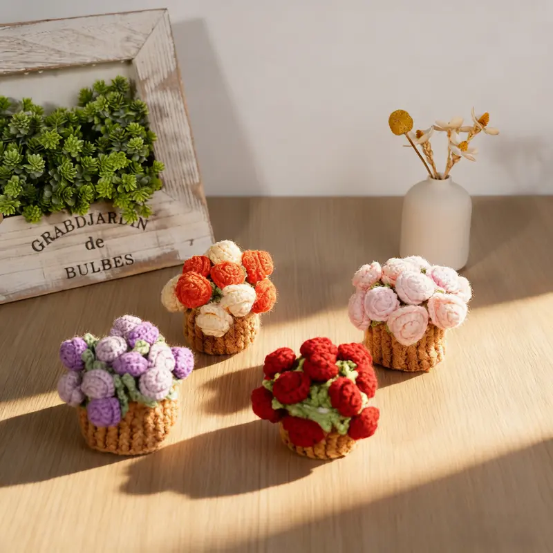 Handmade Crochet Flower Bouquet Coaster, Yarn Knitted Flower Cup Transform Bouquet, Mother's Day Gift, Gift for Mom Grandma, Valentine's Day Decor, Room Decor