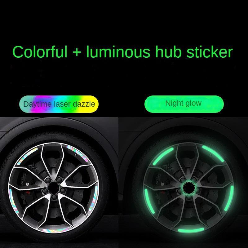 10-packs Car wheels reflective color laser glow-in-the-dark tire anti-collision stickers personalized creative motorcycle electric car colorful stickers Luminous Wheel Hub Reflective Strips