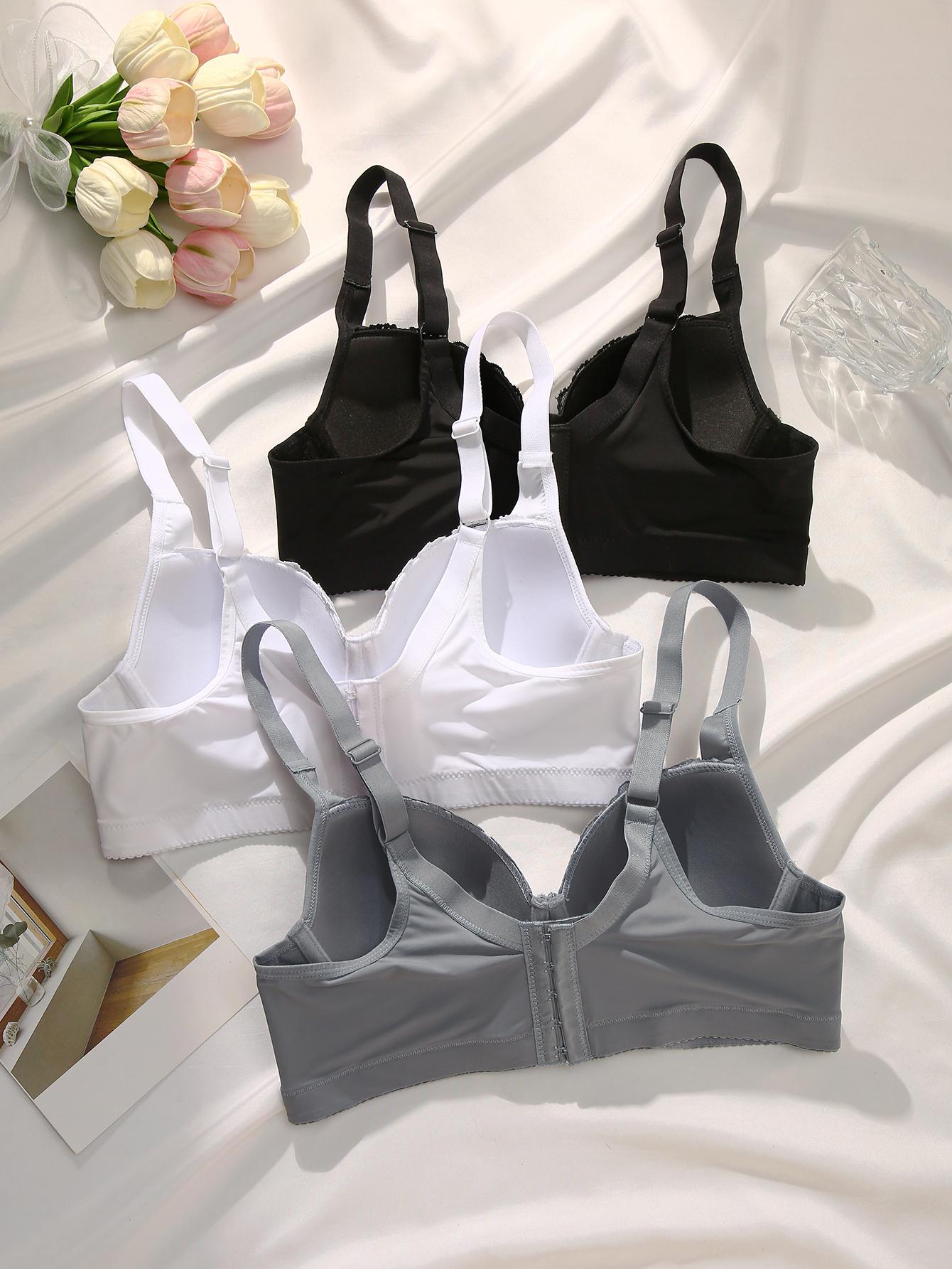Mimilemon 3-Piece Elegant Lace Push-Up Bra Set with Breathable Non-Removable Pads Solid Color Contrast Lace Details Underwire Support for Women's Everyday Wear Fabric Womenswear Essential Style Basic White+Pink+Grey Push-Up Lace Bra comfort lift strap