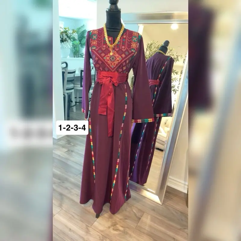 Palestinian Tatreez Embroidered Plum Thobe with Satin Belt